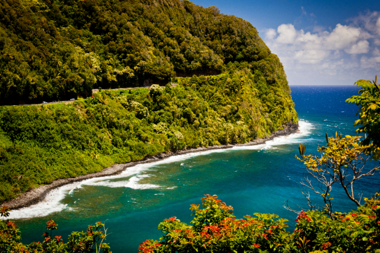 Küstenstraße „Road to Hana“ auf Maui, umgeben von dichter Vegetation und türkisfarbenem Meer.
