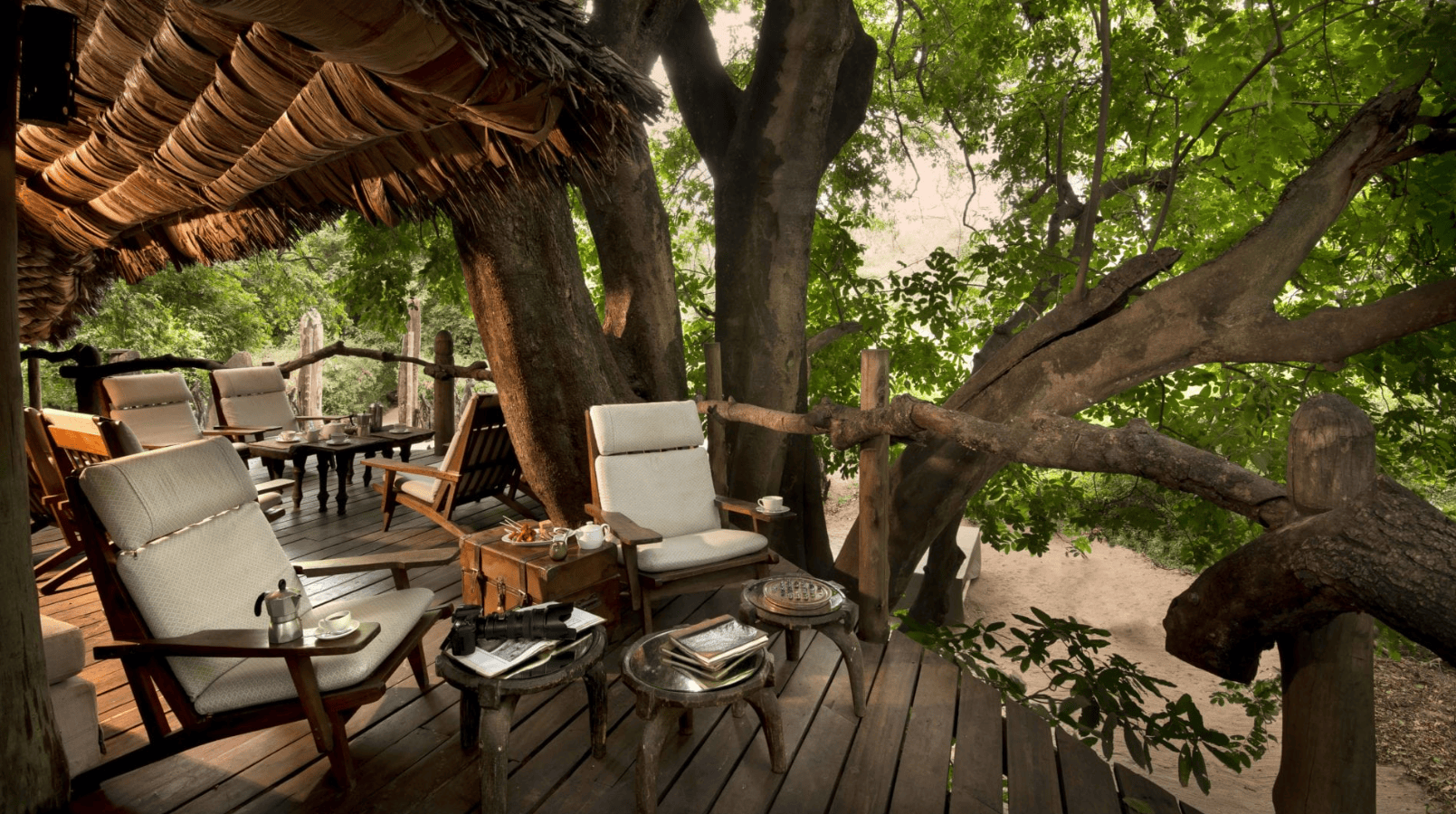 Holzterrasse in den Bäumen mit bequemen Sesseln und Aussicht auf den Wald