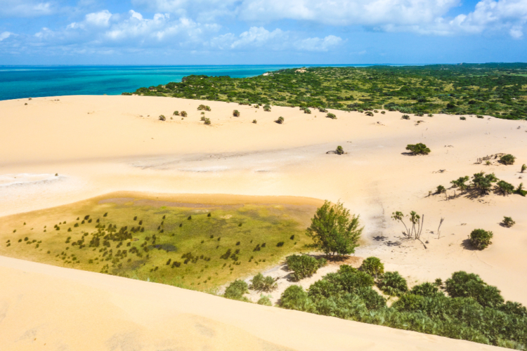 Weite Sanddünen im Bazaruto-Archipel mit Blick auf das türkisblaue Meer und grüne Vegetation.