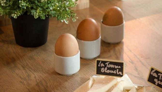 Frühstückstisch mit gekochten Eiern, Käseauswahl und Dekopflanze im Hotel