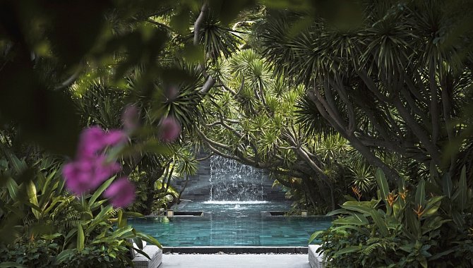 Pool mit kleinem Wasserfall, umgeben von dichter tropischer Vegetation