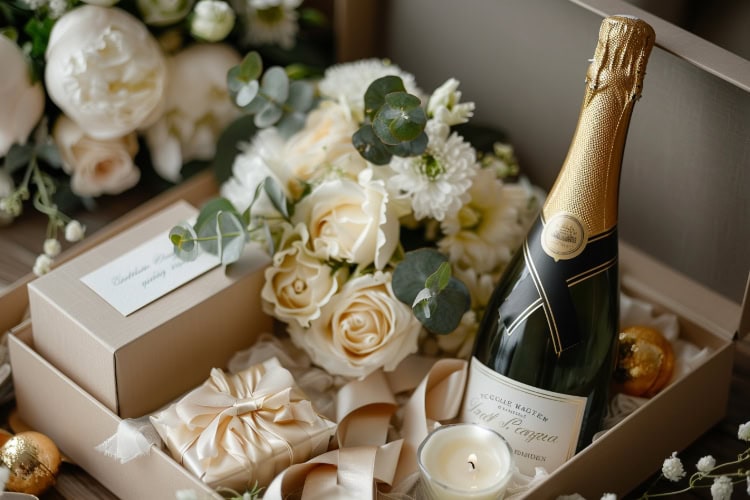 Eine Geschenkbox mit Sektflasche, Blumen, Kerze und mehr